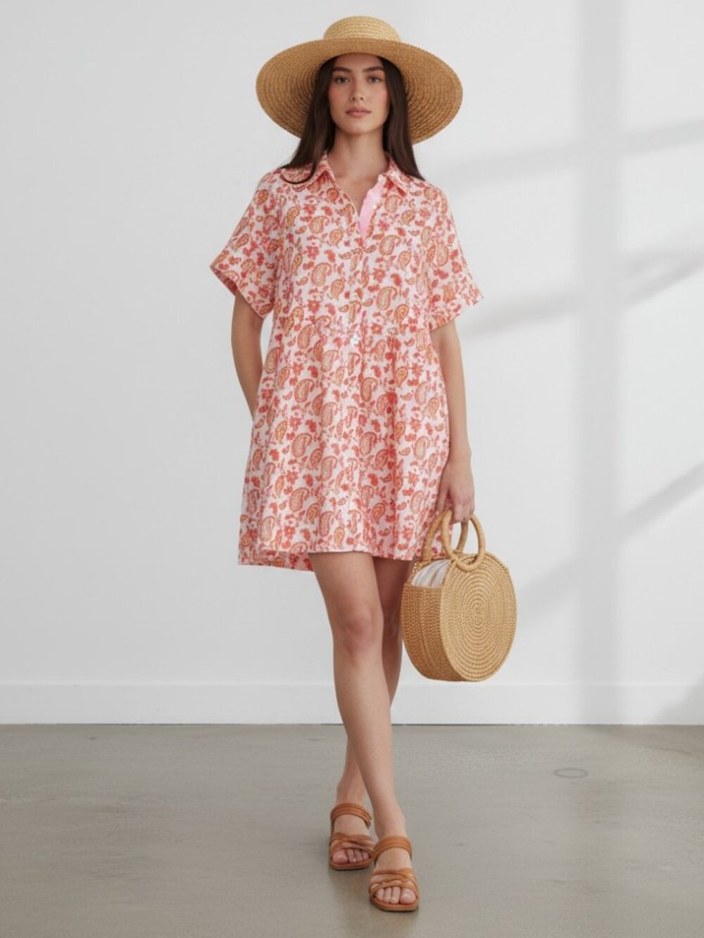 Entro NWT White Orange Paisley Button Front Mini Dress Sz L